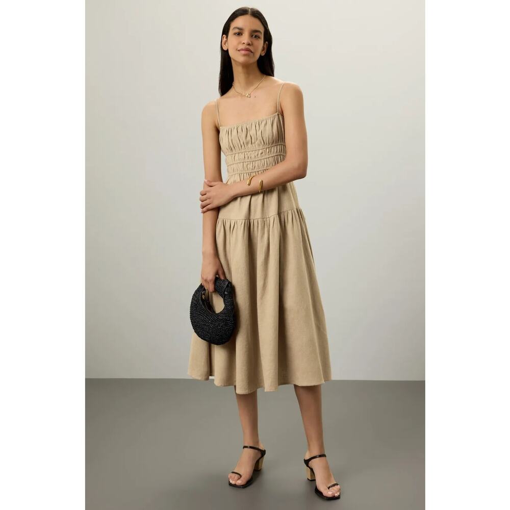 WeWoreWhat Scrunchie Dress Linen Sleeveless Square Neck Midi Safari Brown Large